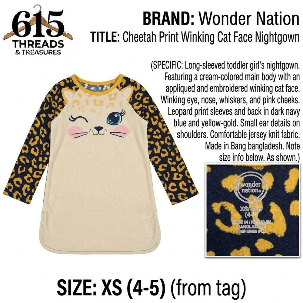 Wonder Nation Girls Nightgown XS 4-5 Cheetah Print Winking Cat Face Long Sleeve